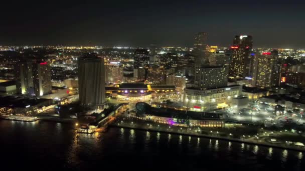 New Orleans Night Aerial View Downtown Mississippi River Louisiana — Stock video