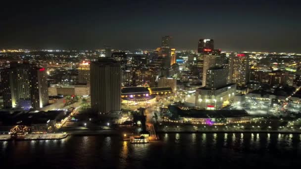 Nueva Orleans Noche Vista Aérea Centro Luisiana Mississippi River — Vídeos de Stock