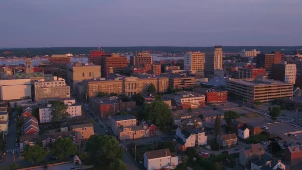 Abend Über Portland Maine Luftaufnahme Innenstadt Erstaunliche Landschaft — Stockvideo