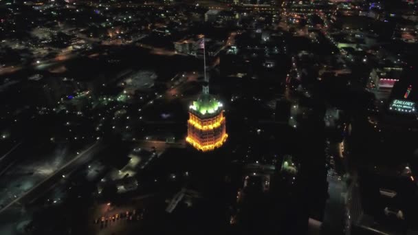 San Antonio Natten Flygfoto Downtown Texas City Lights — Stockvideo