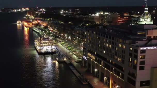 Savanne Bei Nacht Luftaufnahme Savannah River Stadtbeleuchtung Georgien — Stockvideo