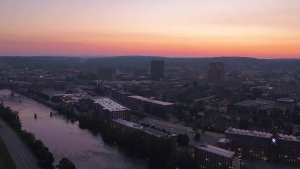 Zonsondergang Boven Manchester Uitzicht Lucht Downtown New Hampshire Merrimack River — Stockvideo