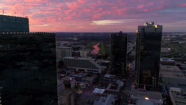 Apus Soare Peste Fort Worth Downtown Drone View Texas — Videoclip de stoc