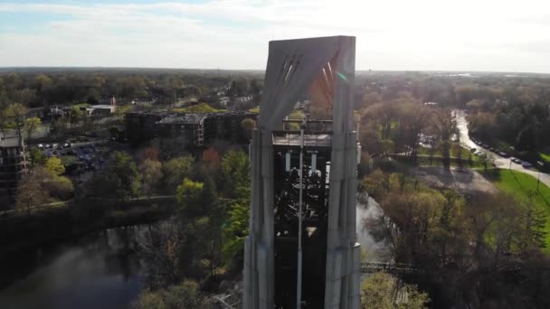 Naperville Illinois Millennium Carillon Downtown Aerial View — Stok Video