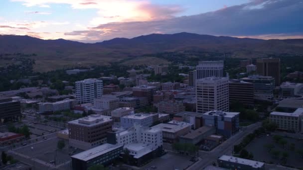 Εναέρια Πτήση Πάνω Από Βράδυ Boise Amazing Cityscape Downtown Idaho — Αρχείο Βίντεο
