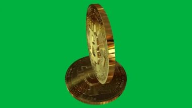 İki Altın Bitcoin - Üst Görünüm, Yeşil Ekran Arkaplanı, 3B Render
