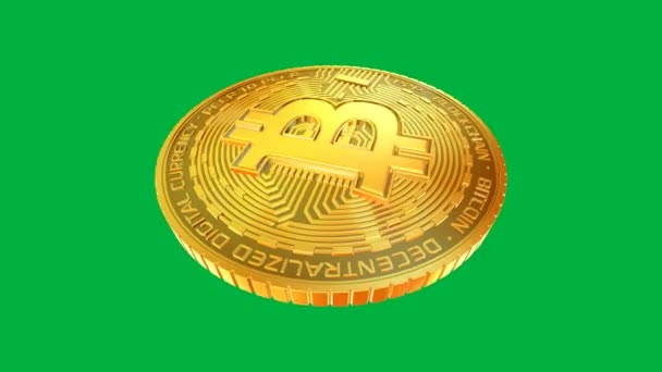 True Gold Bitcoin Front View Green Screen Background Render — Stockvideo