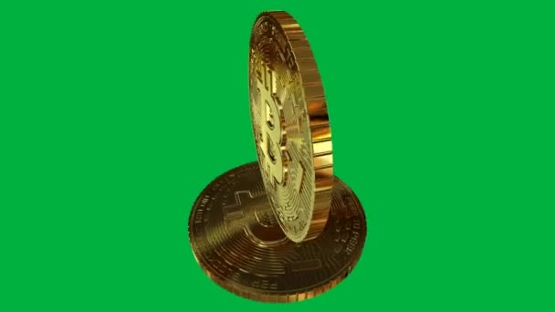 Two Gold Bitcoins Top View Green Screen Background Render — стокове відео