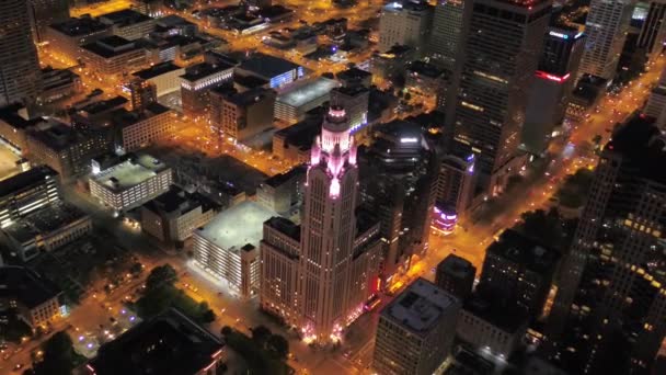 Aerial Flying Night Columbus Downtown Ohio City Lights — Stockvideo