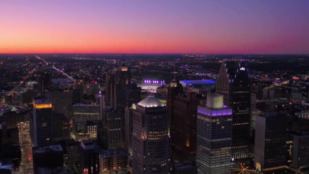 Aerial Flying Night Detroit Downtown City Lights Michigan — стоковое видео