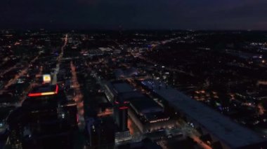 Aerial Flying Over Night Kansas City, Downtown, Missouri, Beautiful Cityscape
