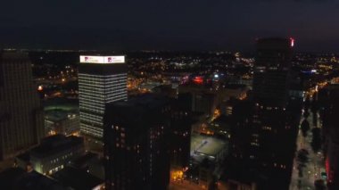 Aerial Flying Over Night Memphis, Tennessee, City Lights, Downtown