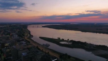 Aerial Flying Over Evening Memphis, Tennessee, Mississippi River, Downtown