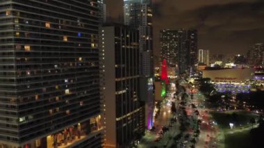 Aerial Flying Over Night Miami, Downtown, Florida, Amazing Cityscape