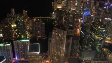 Aerial Flying Over Night Miami, Downtown, Florida, City Lights