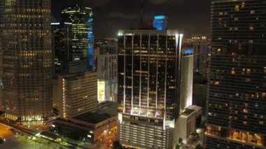 Aerial Flying Over Night Miami, City Lights, Florida, Downtown