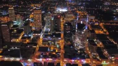 Aerial Flying Over Night Nashville, Downtown, Cumberland River, Tennessee