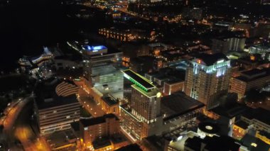 Aerial Flying Over Night Norfolk, Virginia, City Lights, Downtown