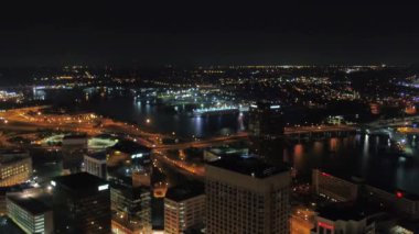 Aerial Flying Over Night Norfolk, Virginia, Downtown, Amazing Cityscape