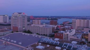 Aerial Flying Over Evening Norfolk, Amazing Cityscape, Virginia, Downtown