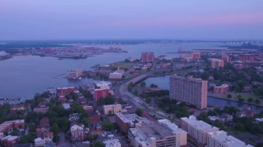 Aerial Flying Over Evening Norfolk, Virginia, Elizabeth River, Downtown