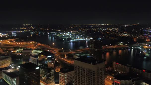 Aerial Flying Night Norfolk Virginia Downtown Amazing Cityscape — Vídeo de Stock