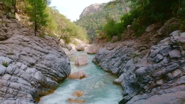 Aerea Volare Sulle Montagne Torrente Tempo Soleggiato Paesaggio Incredibile Natura — Video Stock