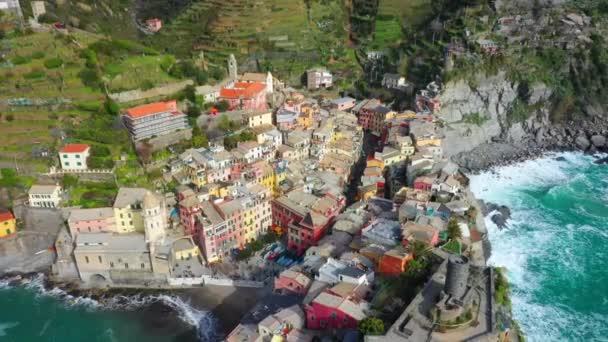 意大利 Cinque Terre Aerial View Vernazza Mountains Ligurian Sea Liguria — 图库视频影像