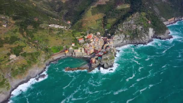 Ιταλία Cinque Terre Aerial View Vernazza Ligurian Sea Βουνό Λιγουρία — Αρχείο Βίντεο