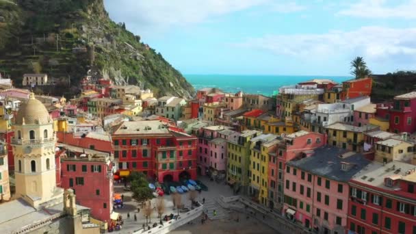 Talya Cinque Terre Aerial View Liguria Dağlar Vernazza Ligurian Denizi — Stok video