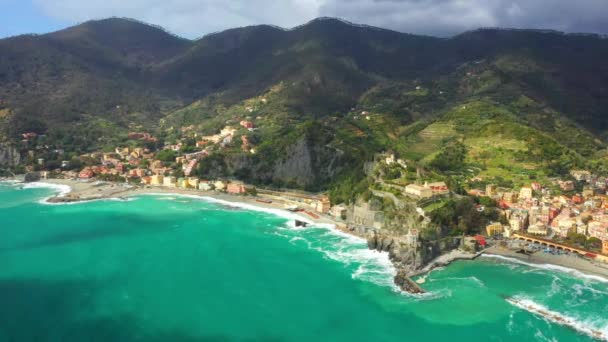 Italien Cinque Terre Flygfoto Monterosso Mare Liguriska Havet Berg Ligurien — Stockvideo