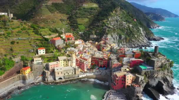 意大利 Cinque Terre Aerial View Ligurian Sea Liguria Mountains Vernazza — 图库视频影像