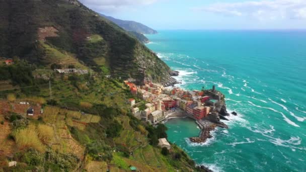 Olaszország Cinque Terre Aerial View Ligurian Sea Vernazza Hegység Liguria — Stock videók