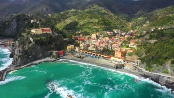 Olaszország Cinque Terre Aerial View Liguria Mountains Ligurian Sea Monterosso — Stock videók