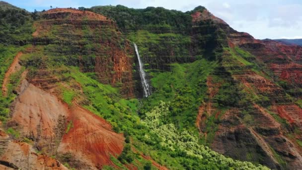 Hawaii Kauai Waipoo Falls Aerial View Hawaiian Jungle Amazing Landscape – stockvideo