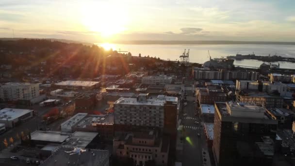 Sonnenuntergang Über Everett Bundesstaat Washington Innenstadt Atemberaubende Landschaft Luftaufnahme — Stockvideo