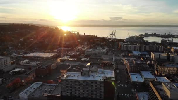 Sonnenuntergang Über Everett Bundesstaat Washington Innenstadt Luftaufnahme Atemberaubende Landschaft — Stockvideo