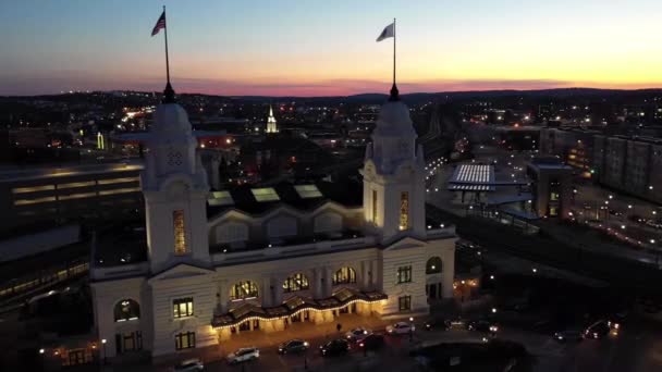 Sunset Worcester Massachusetts Union Station Aerial View Downtown — ストック動画