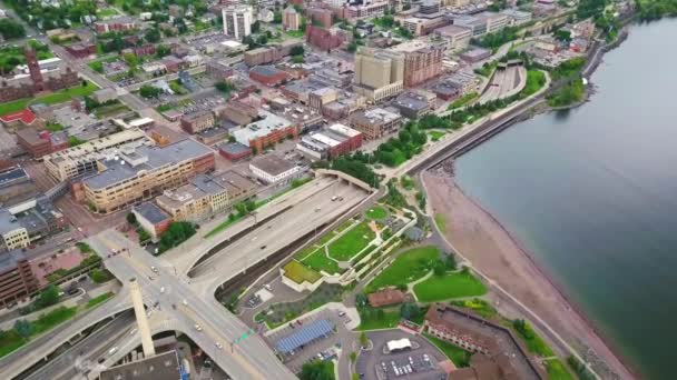 Légi Járat Duluth Minnesota Belváros Drone View Lake Superior Felett — Stock videók