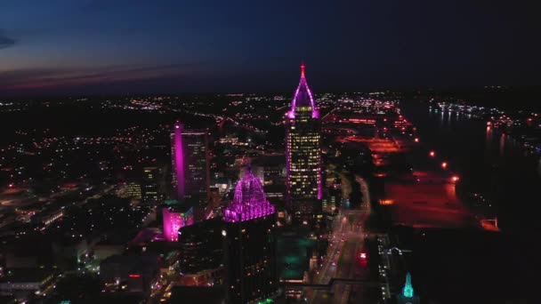 Voo Aéreo Durante Noite Móvel Alabama Vista Drone Centro Cidade — Vídeo de Stock