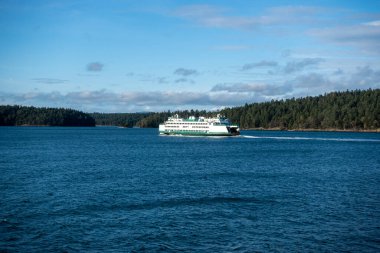 San Juan Adaları, WA USA - Kasım 2021: Güneşli bir günde San Juan Adalarından birine giden bir Washington State Feribotunun görüntüsü