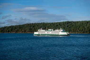 San Juan Adaları, WA USA - Kasım 2021: Güneşli bir günde San Juan Adalarından birine giden bir Washington State Feribotunun görüntüsü.