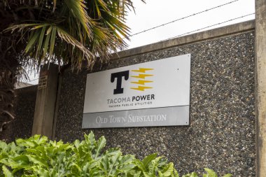 Tacoma, WA USA - circa August 2021: Angled view of outside of the Tacoma Public Utilities building in Old Town Tacoma.