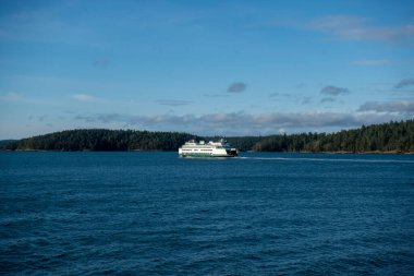 San Juan Adaları, WA USA - Kasım 2021: Güneşli bir günde San Juan Adalarından birine giden bir Washington State Feribotunun görüntüsü.