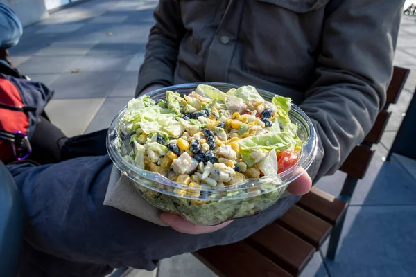 Maschio Caucasico Giacca Invernale Che Regge Insalata Sudoccidentale Contenitore Plastica — Foto Stock