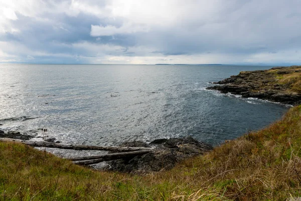 白い雲と明るく晴れた日にサンフアン島の芝生 岩の多い海岸線の豪華な景色 — ストック写真