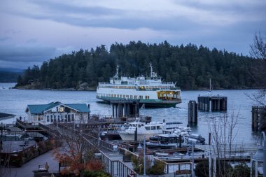 Cuma Limanı, WA USA - Kasım 2021: San Juan Adası 'na yanaşan Tillikum Washington State Feribotunun görüntüsü, hava karardığında yolcularını boşaltmak üzere..
