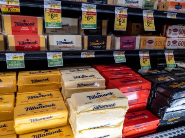 Woodinville, WA USA - Nisan 2022: Haggen Kuzeybatı Taze Marketi 'nin soğutulmuş bölümünde satılık Tillamook peynir tuğlalarının açılı görünümü.