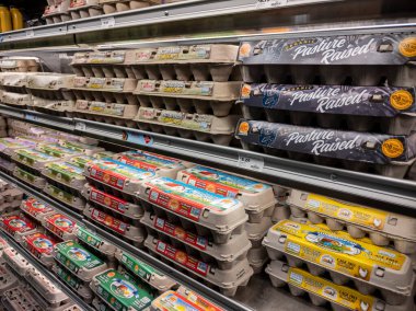 Mill Creek, WA USA - Nisan 2022: Bir markette satılmak üzere çeşitli organik yumurtalara odaklanmış.