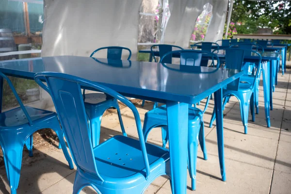 Colorful View Bright Blue Chairs Gathered Blue Table Outdoor Patio — Stock Photo, Image